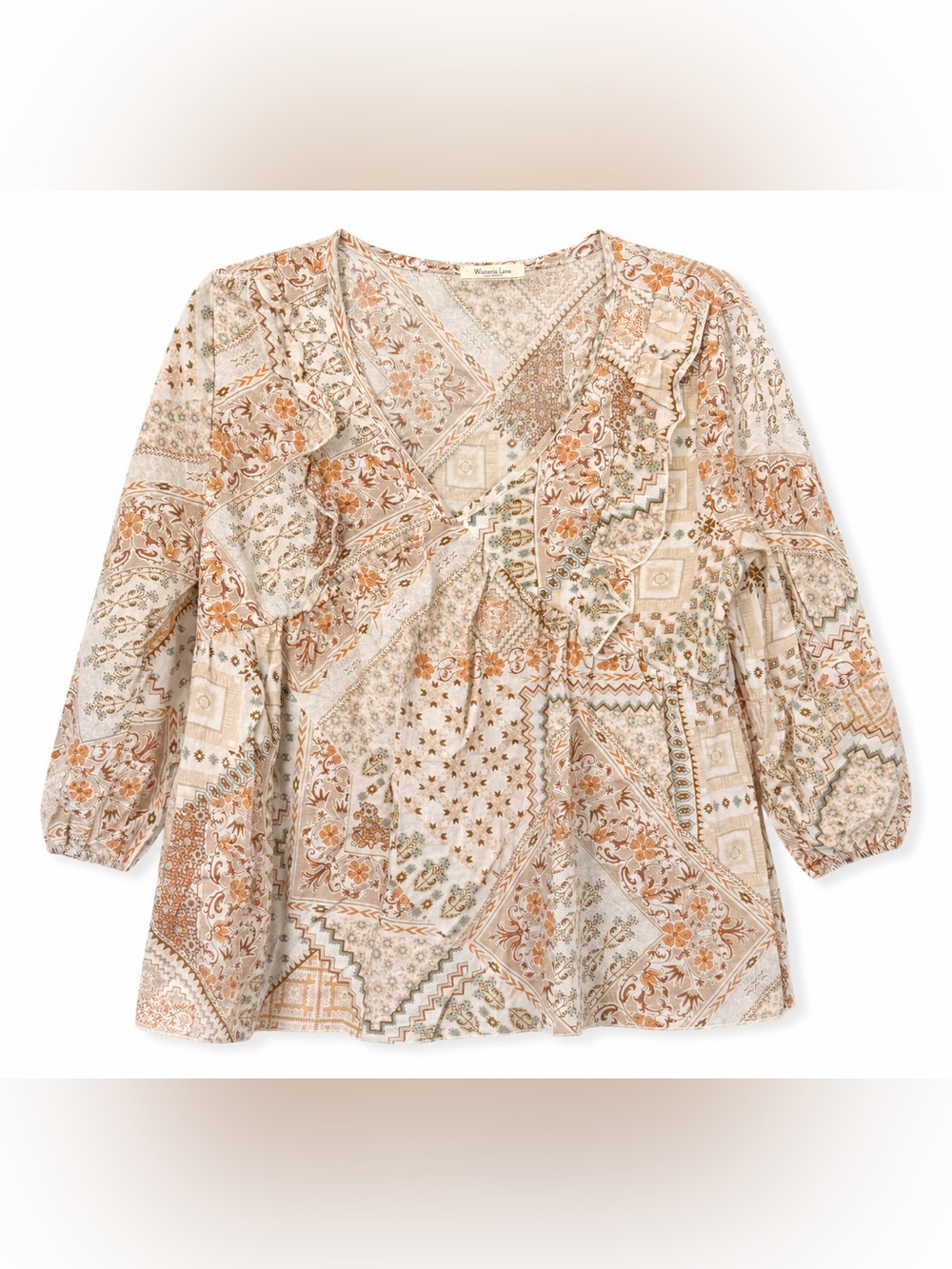 Wisteria Lane Floral Patchwork Ruffle Blouse- PTP 18”